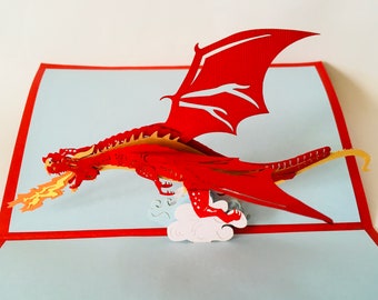 Dragon cracheur de feu, carte 3D, carte pop-up, carte pliante, carte de félicitations, carte de voeux