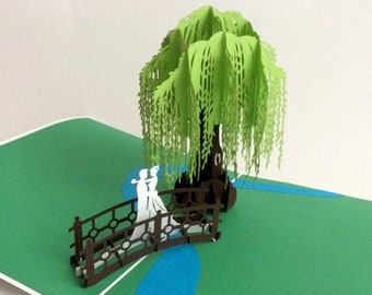 Bride and groom under willow, folding card / 3D card, pop up wedding card, wedding invitation card, wedding anniversary, pop up bride and groom, Kirigami
