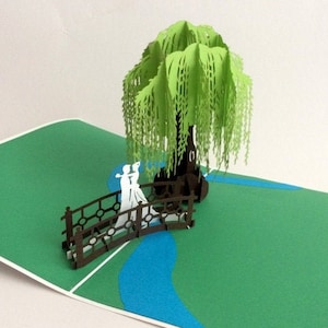 Brautpaar unter Weide, Klappkarte / 3D-Karte, Pop up Hochzeitskarte, Hochzeit Einladungskarte, Hochzeitstag, Pop up Brautpaar,  Kirigami