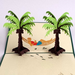 Vakantie onder palmbomen 2, man op vakantie, pop-up reisvoucher, 3D verjaardagskaart, hobbyreizen, pensioencadeau, 3D pensioenkaart