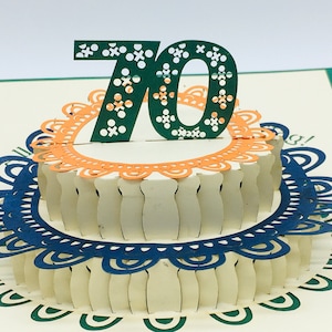Gâteau du 70e anniversaire, joyeux 70e anniversaire, carte du 70e anniversaire, carte pop-up du 70e anniversaire, carte pop-up 3D du 70e anniversaire