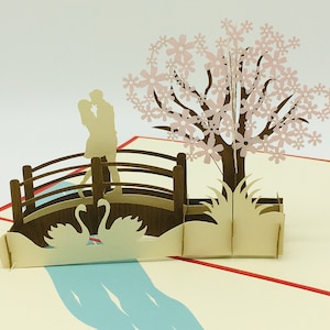 Bridal couple on the bridge, 3D folding card, pop up card, Valentine card, lovers, kissing on the bridge, pop up Valentine card, Valentine