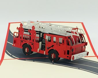 Carro de bombeiros, carro de bombeiros, cartão dobrável, cartão 3D, cartão pop-up, cartão de felicitações, cartão de felicitações, cartão pop-up
