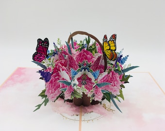 Bouquet de fleurs avec papillons, carte pop up, carte 3D, carte félicitations, cadeau fête des mères