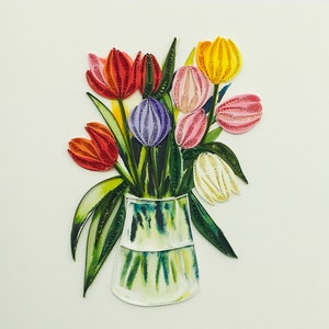 Tulips in vase, tulips, tulip bouquet, quilling card, quilling card, birthday card, greeting card, greeting card
