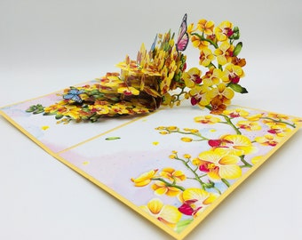 Fassory Biglietto popup 3D con orchidea rosa, per compleanno, ringraziamento, anniversario, pensiero, buona fortuna, congratulazioni (orchidea rosa