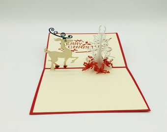 Cerf & sapin blanc, cartes 3D, pop up, carte de Noël, cartes de Noël