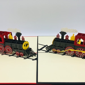 Locomotiva a vapore, locomotiva a vapore, biglietto pop-up, biglietto pieghevole, biglietto 3D, pop-up