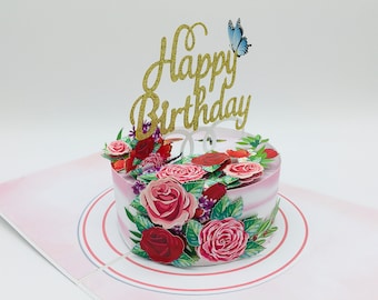 Birthday cake with roses and butterfly, happy birthday, pop-up card, pop-up card, 3D card, congratulations card