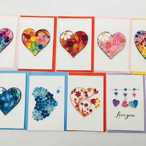 Coeurs de différentes variantes, Saint Valentin, Saint Valentin, cadeau pour la Saint Valentin, cartes quilling (petit format de 12 cm x 8 cm)