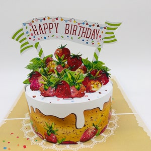 Strawberry birthday cake, happy birthday, pop-up card, 3D card, greeting card
