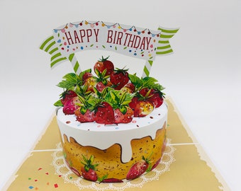Strawberry birthday cake, happy birthday, pop-up card, 3D card, greeting card