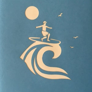 May include: A white silhouette of a person surfing on a wave with a white sun and birds in the background. The image is on a blue background.