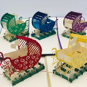 Kinderwagen, pop-up kinderwagen, vouwkaart, 3D pop-up kaart voor geboorte, doop, pop-up geboortekaart, 3D wenskaart voor geboorte