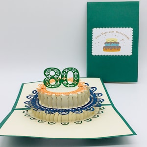 80. Geburtstagstorte, Alles Gute zum 80. Geburtstag, 80. Geburtstagskarte, Pop-up Karte zum 80. Geburtstag, 3D pop up 80. Geburtstagskarte