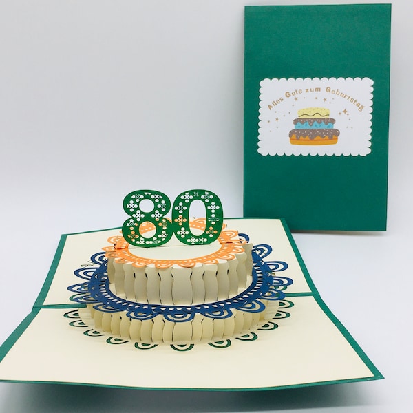 80. Geburtstagstorte, Alles Gute zum 80. Geburtstag, 80. Geburtstagskarte, Pop-up Karte zum 80. Geburtstag, 3D pop up 80. Geburtstagskarte