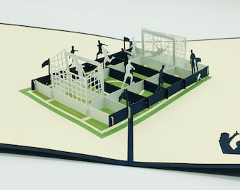 Voetbalspel, voetbalveld, voetballer, voetbal, voetbal, vouwkaarten, 3D-kaarten, pop-upkaarten, wenskaart, wenskaart