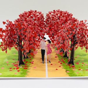 Couple amoureux sous l'avenue des arbres en forme de cœur, carte 3D, carte pop-up, carte de mariage 3D, carte d'invitation, carte de Saint-Valentin, carte impressionnante 3D