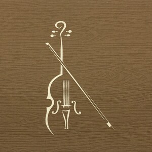 May include: A white outline of a violin and bow on a brown woodgrain background.
