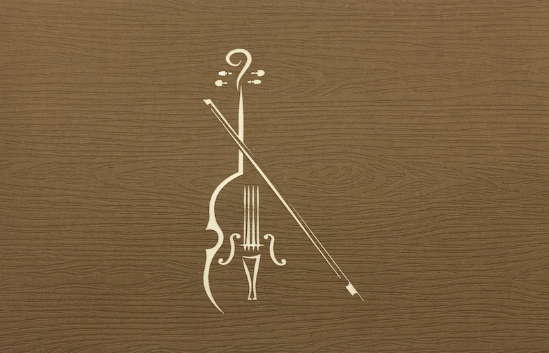 May include: A white outline of a violin and bow on a brown woodgrain background.
