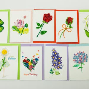 さまざまな種類の花、花、花束、バラ、蓮の花、ラベンダー、幸運のクローバー、クイリング カード (12 cm x 8 cm の小判)