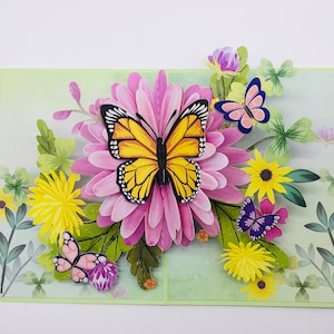 Papillons sur un pré fleuri, carte pop up, carte 3D, carte de voeux, cadeau fête des mères