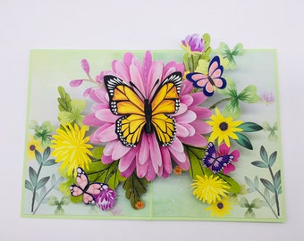 Papillons dans une prairie fleurie, carte pop-up, carte 3D, carte de vœux, cadeau pour la fête des mères