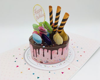 Birthday cake, cake, birthday present, happy birthday, pop-up card, 3D card, congratulations & greeting card