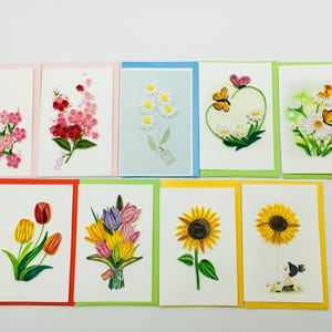 Flores de diferentes variedades, flores, ramo, tarjetas quilling (formato pequeño de 12 cm x 8 cm)