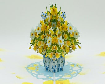 Jonquilles, bouquet de jonquilles, carte pop up, carte pop up, carte 3D, carte de voeux, cadeau fête des mères, Saint Valentin, carte de voeux