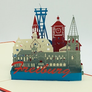 Highlights di Friburgo, skyline di Friburgo, biglietto pop-up, biglietto d'auguri, biglietto pieghevole 3D, biglietto pop-up