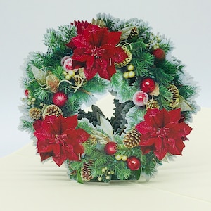 Kerstkrans met poinsettia, kerstkrans, adventskrans, adventskrans, vouwkaart, 3D-kaart, pop-up, kerstkaart