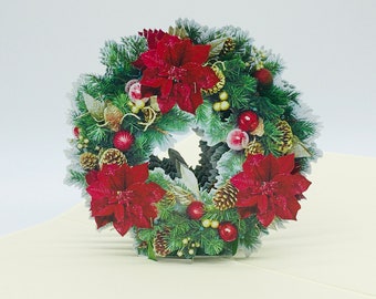 Kerstkrans met poinsettia, kerstkrans, adventskrans, adventskrans, vouwkaart, 3D-kaart, pop-up, kerstkaart