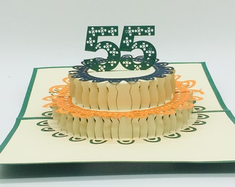 Gâteau du 55e anniversaire, joyeux 55e anniversaire, carte du 55e anniversaire, carte pop-up du 55e anniversaire, carte pop-up 3D du 55e anniversaire