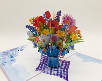 Bouquet de fleurs colorées, carte pop-up, carte 3D, carte de vœux, cadeau fête des mères