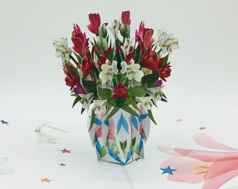 Bouquet coloré de lys, Bouquet de Lys, pop up, carte pop up, carte 3D, carte félicitations, cadeau fête des mères, Saint Valentin, Fête des mères