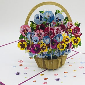 Pensées, pensées, pop up, carte pop up, carte 3D, carte de voeux, carte félicitations, cadeau fête des mères, Saint Valentin, Fête des mères