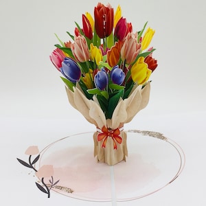 Ramo de tulipanes colorido, tarjeta emergente, tarjeta 3D, tarjeta de felicitación, regalo del Día de la Madre