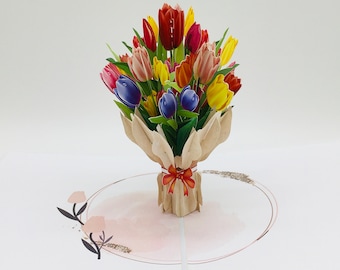 Bunter Tulpenstrauß, pop up karte, 3D-Karte, Glückwunschkarte, Muttertag-Geschenk