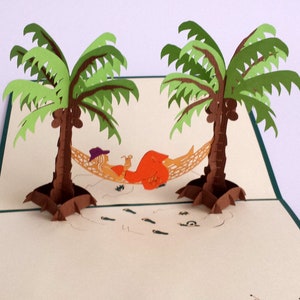 Vacanza sotto le palme, donna/uomo in vacanza, vacanza sotto le palme, vacanza al mare, buono viaggio pop-up, viaggio, regalo di pensione