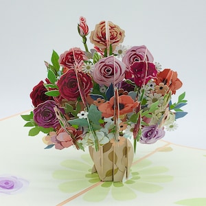 Bouquet coloré de roses, Bouquet coloré de roses, carte pop up, carte pop up, carte 3D, carte de voeux, cadeau fête des mères, Saint Valentin
