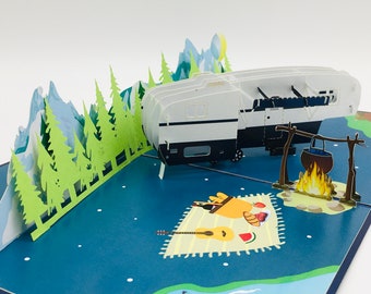 Camping avec camping-car, camping, camping, carte pop up, carte 3D, carte de voeux, carte d'invitation, vacances