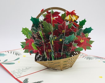 Panier avec poinsettias, panier avec poinsettias, poinsettias, poinsettias, carte 3D, pop-up, carte de Noël, carte de Noël