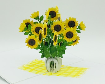 Bouquet de tournesols, tournesol, carte pop up, carte pop up, carte 3D, carte de voeux, cadeau fête des mères, Saint Valentin, fête des mères