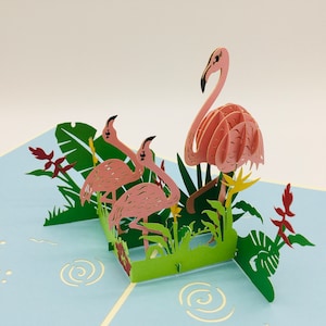 Fenicottero, famiglia di fenicotteri, biglietto 3D / biglietto pop-up / biglietto pieghevole
