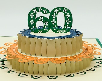 60th birthday cake, Happy 60th birthday, 60th birthday card, 60th birthday pop-up card, 3D pop up 60th birthday card