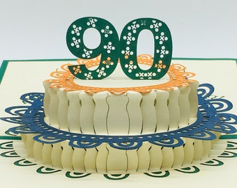 90th birthday cake, Happy 90th birthday, 90th birthday card, 90th birthday pop-up card, 3D pop up 90th birthday card