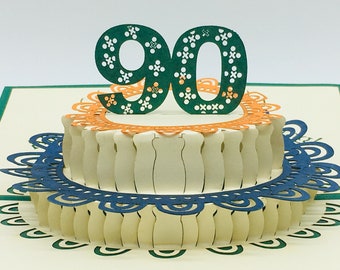 90. Geburtstagstorte, Alles Gute zum 90. Geburtstag, 90. Geburtstagskarte, Pop-up Karte zum 90. Geburtstag, 3D pop up 90. Geburtstagskarte