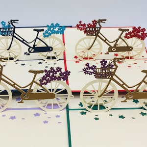 Bicicletta, bici da donna, bici vintage da donna con fiori, biglietto pieghevole/cartolina 3D/pop-up