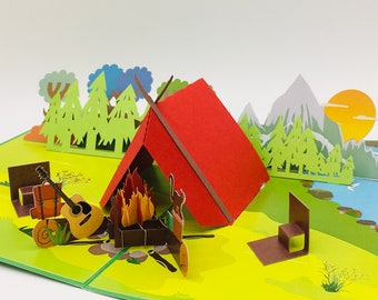 Camping avec tente, terrain de camping, camping, carte pop up, carte 3D, carte de voeux, carte d'invitation, vacances